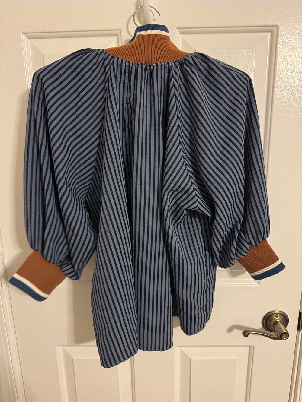 Blue Striped Half-Zip Shirt with Brown Trim - Picture 9 of 10